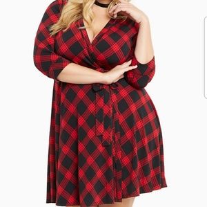 Faux wrap, red plaid tie front dress. Size 1.